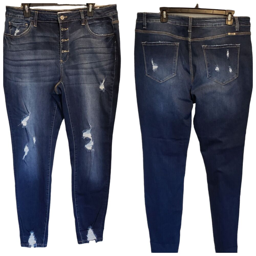 KanCan Curvy High Rise Dark Wash Skinny Stretch Distressed Jeans Size 2XL